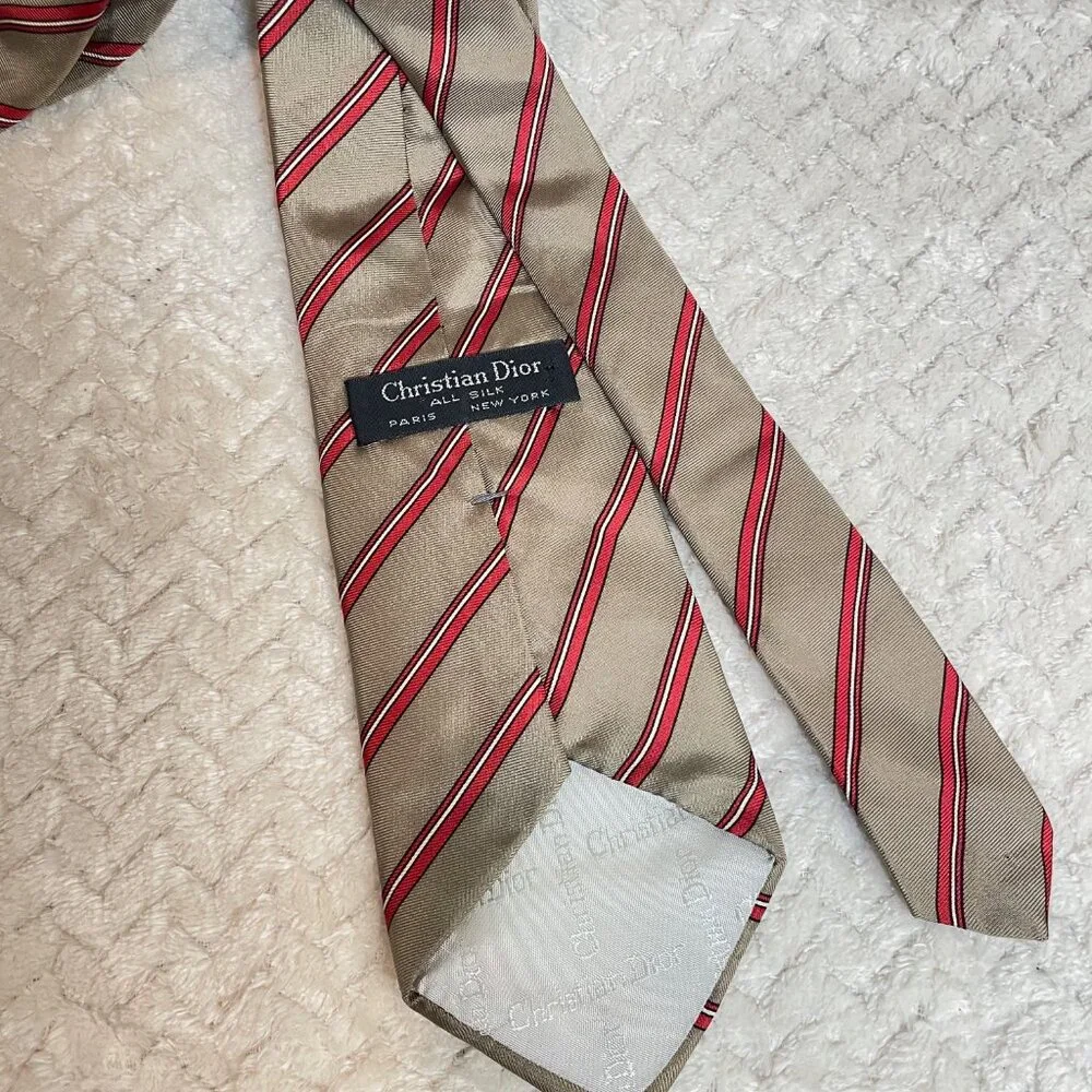 Vintage Christian Dior All Silk‎ Tie Tan Red Stripes Classic Preppy Academia